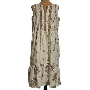 J Jill Cream Embroidered Sleeveless‎ Midi Dress Summer Casual Boho Women M